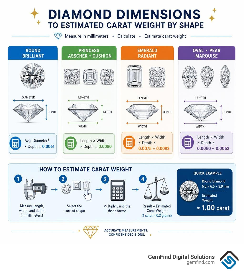Infographic showing how diamond dimensions convert to estimated carat weight by shape infographic
