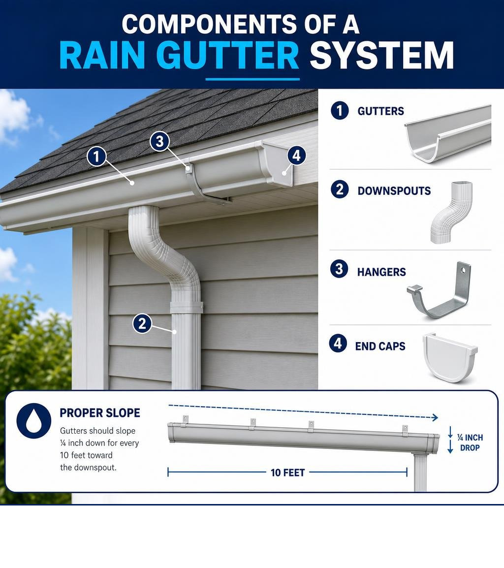 Components of a rain gutter system including gutters, downspouts, hangers, end caps, and slope diagram infographic