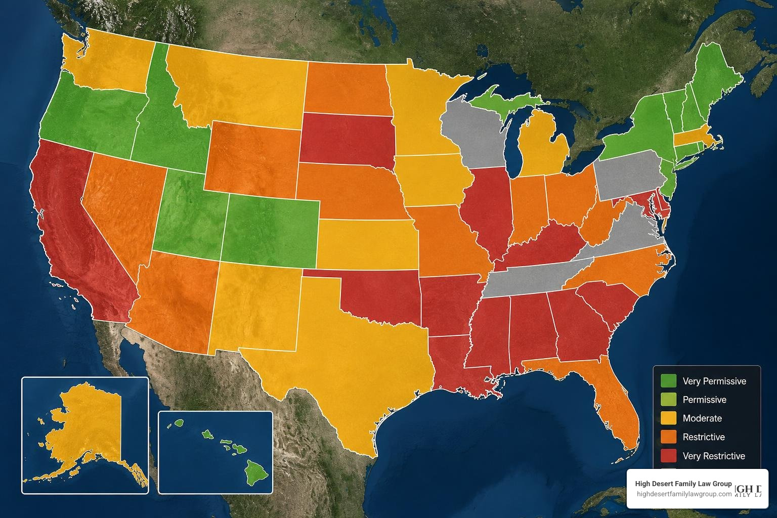map of the United States showing jurisdictional differences in annulment laws