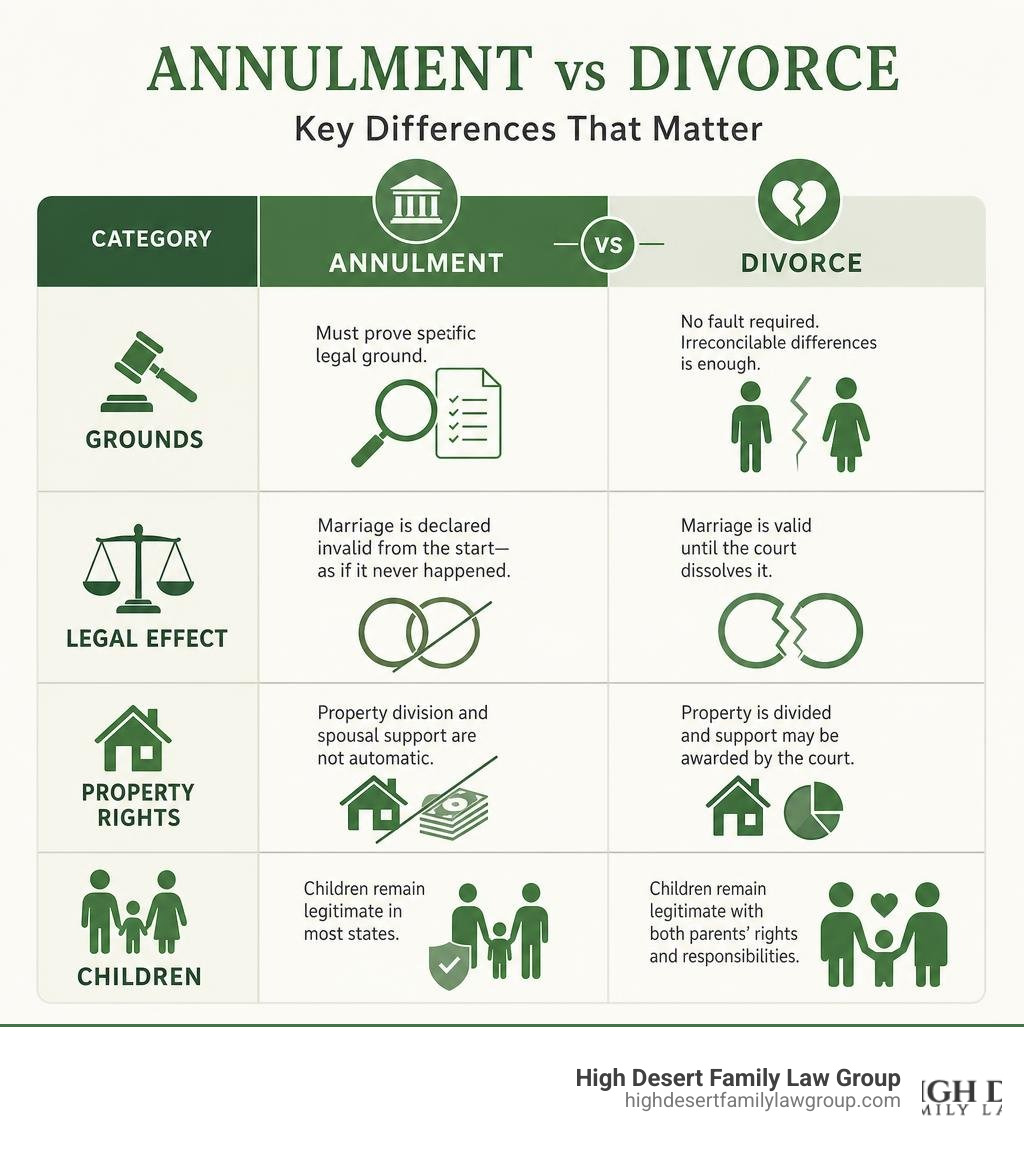 Infographic comparing annulment vs divorce: grounds, legal effect, property rights, and children infographic
