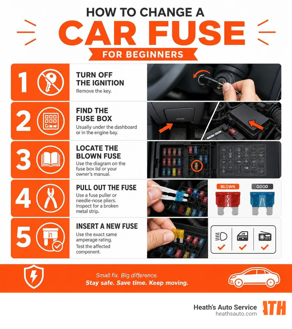 Step-by-step infographic: how to change a car fuse for beginners, showing fuse box location, inspection, and replacement
