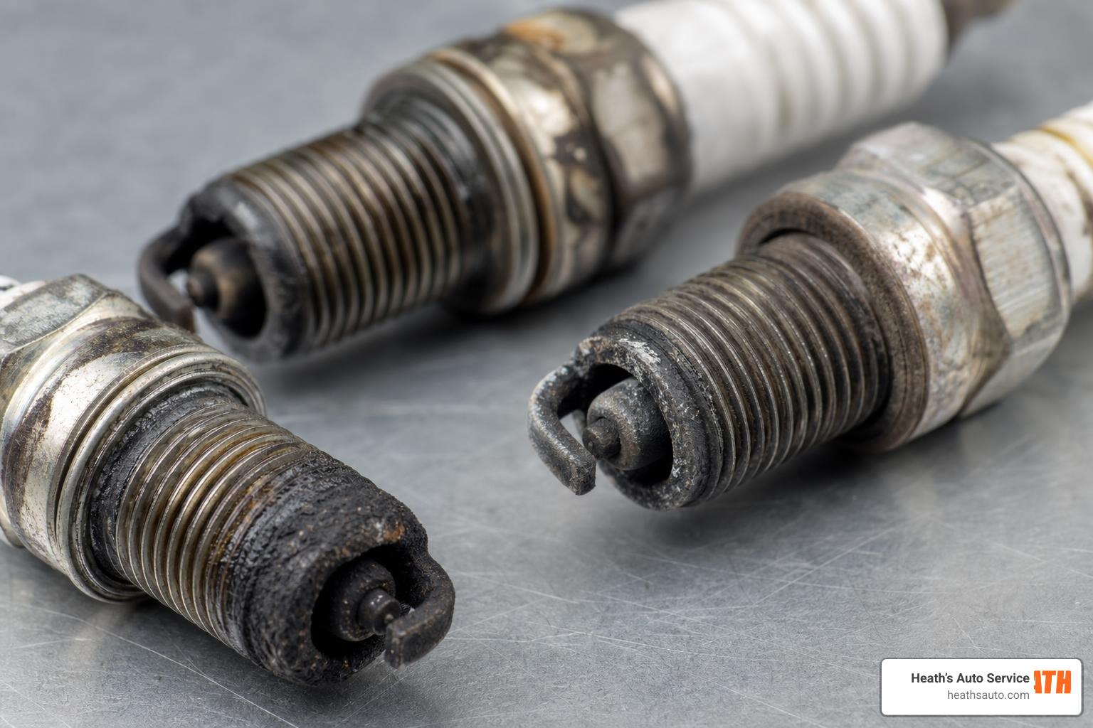 Close-up of heavily fouled and worn spark plugs Close-up of heavily fouled and worn spark plugs