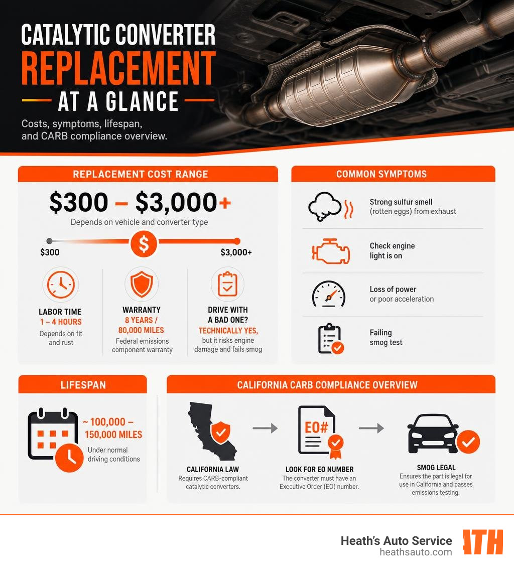 Infographic showing catalytic converter replacement cost ranges, symptoms, lifespan, and California CARB compliance overview Infographic showing catalytic converter replacement cost ranges, symptoms, lifespan, and California CARB compliance overview