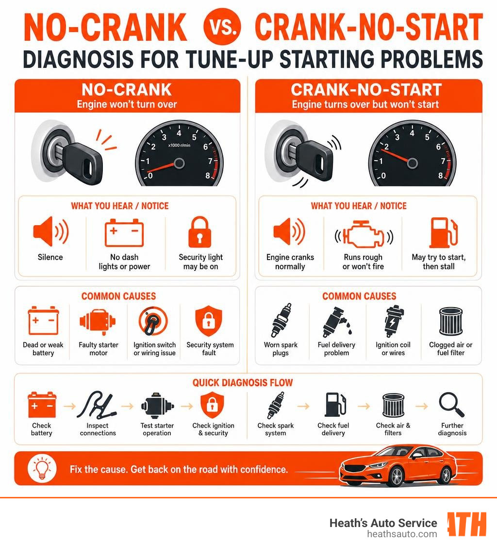 No-crank vs crank-no-start diagnosis infographic for tune-up starting problems infographic No-crank vs crank-no-start diagnosis infographic for tune-up starting problems infographic