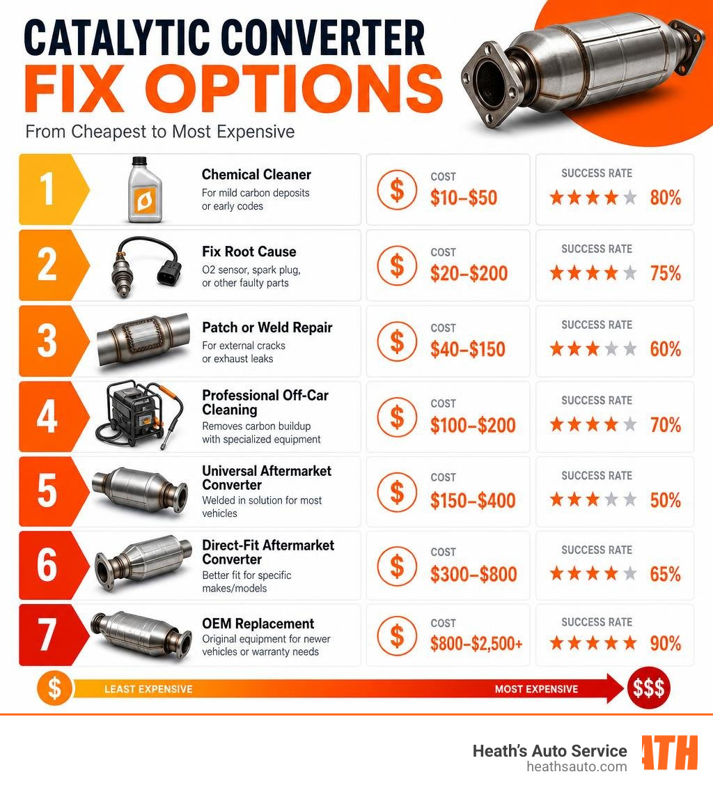 Infographic showing catalytic converter fix options from cheapest to most expensive with costs and success rates infographic