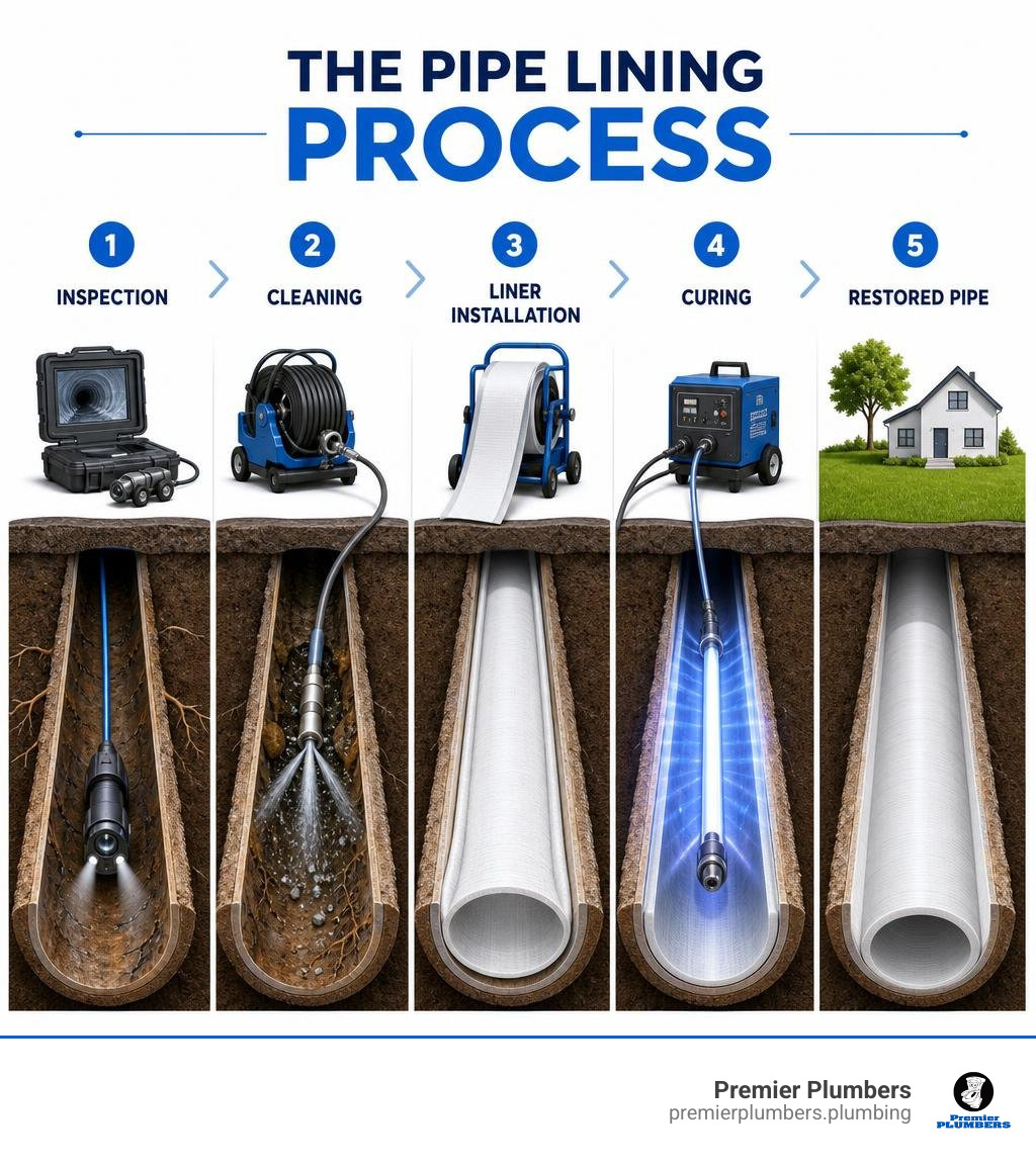 infographic showing pipe lining process steps inspection cleaning liner installation curing and restored pipe infographic