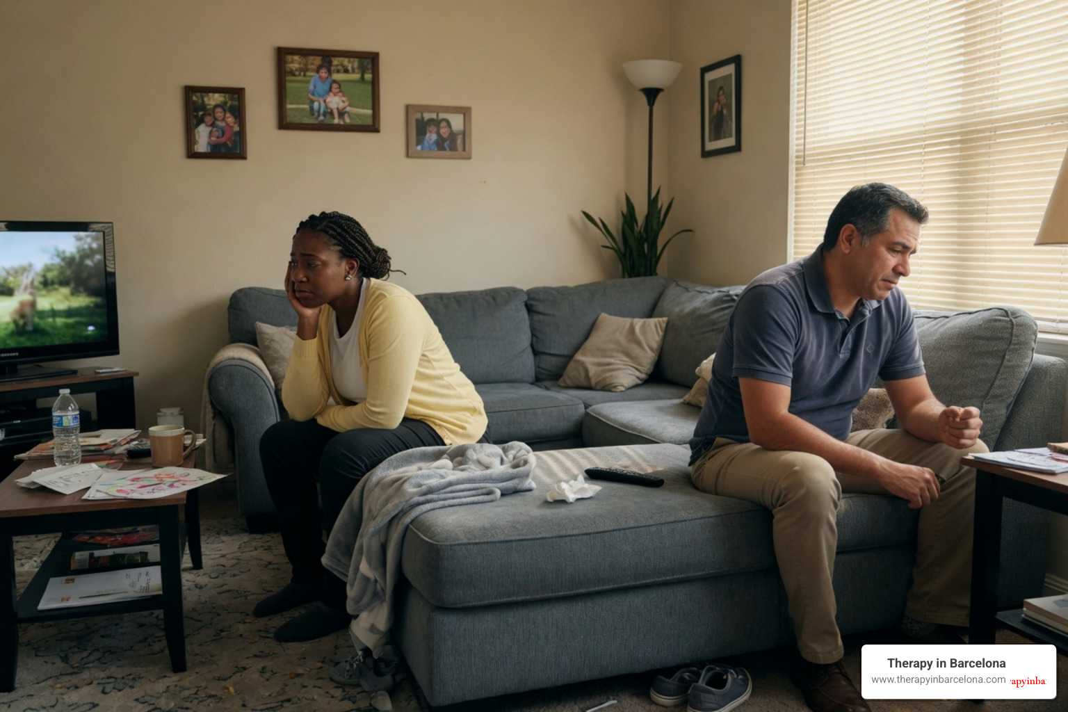 Couple sitting back-to-back on a sofa looking distant and disconnected