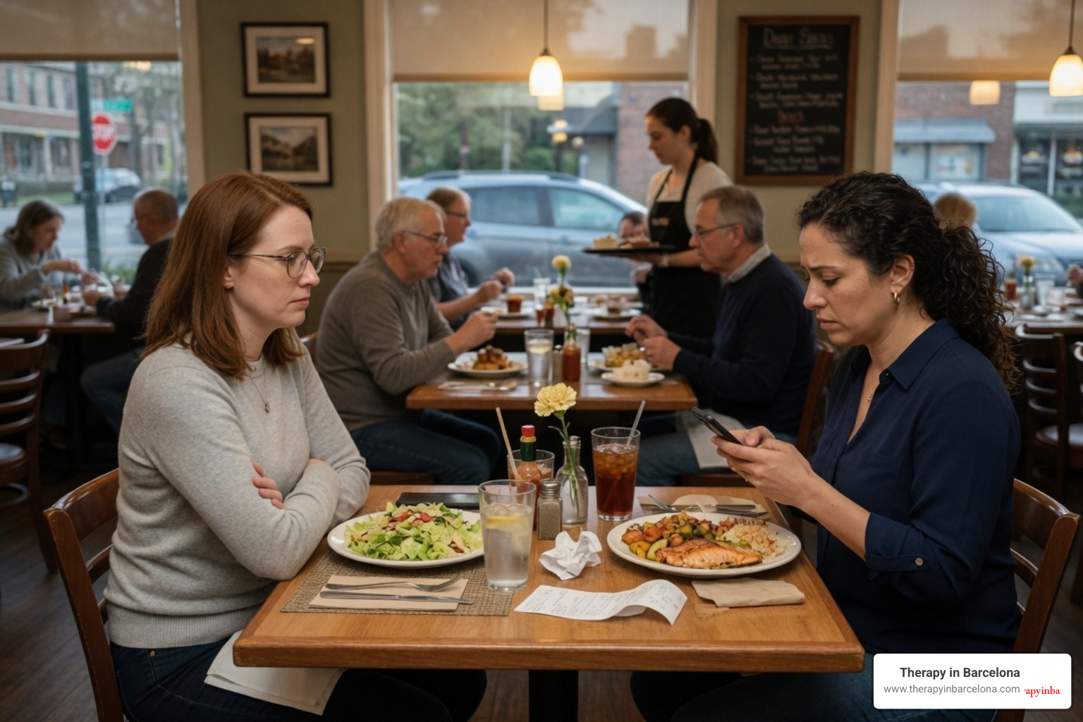 A person looking down at their phone at a restaurant dinner table while their partner sits opposite them in silence