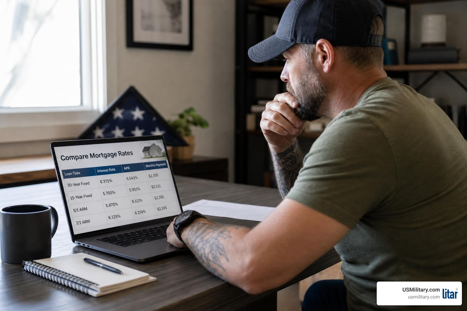 Veteran comparing mortgage rates on a laptop