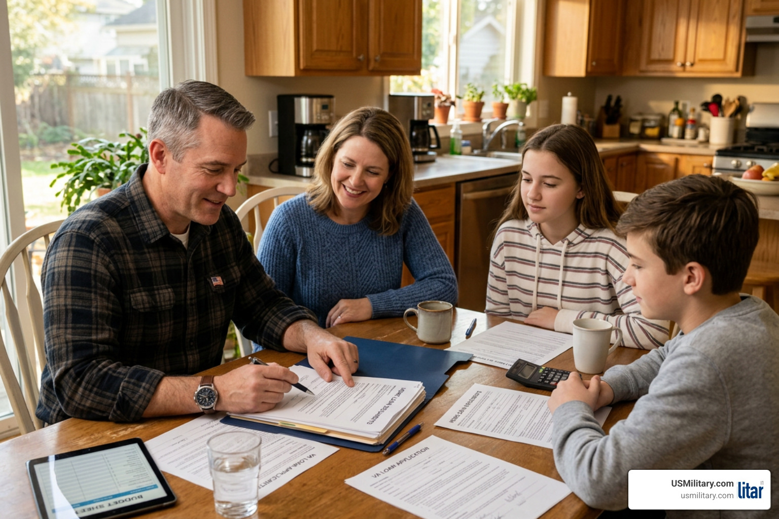 American veteran reviewing home loan documents with family American veteran reviewing home loan documents with family