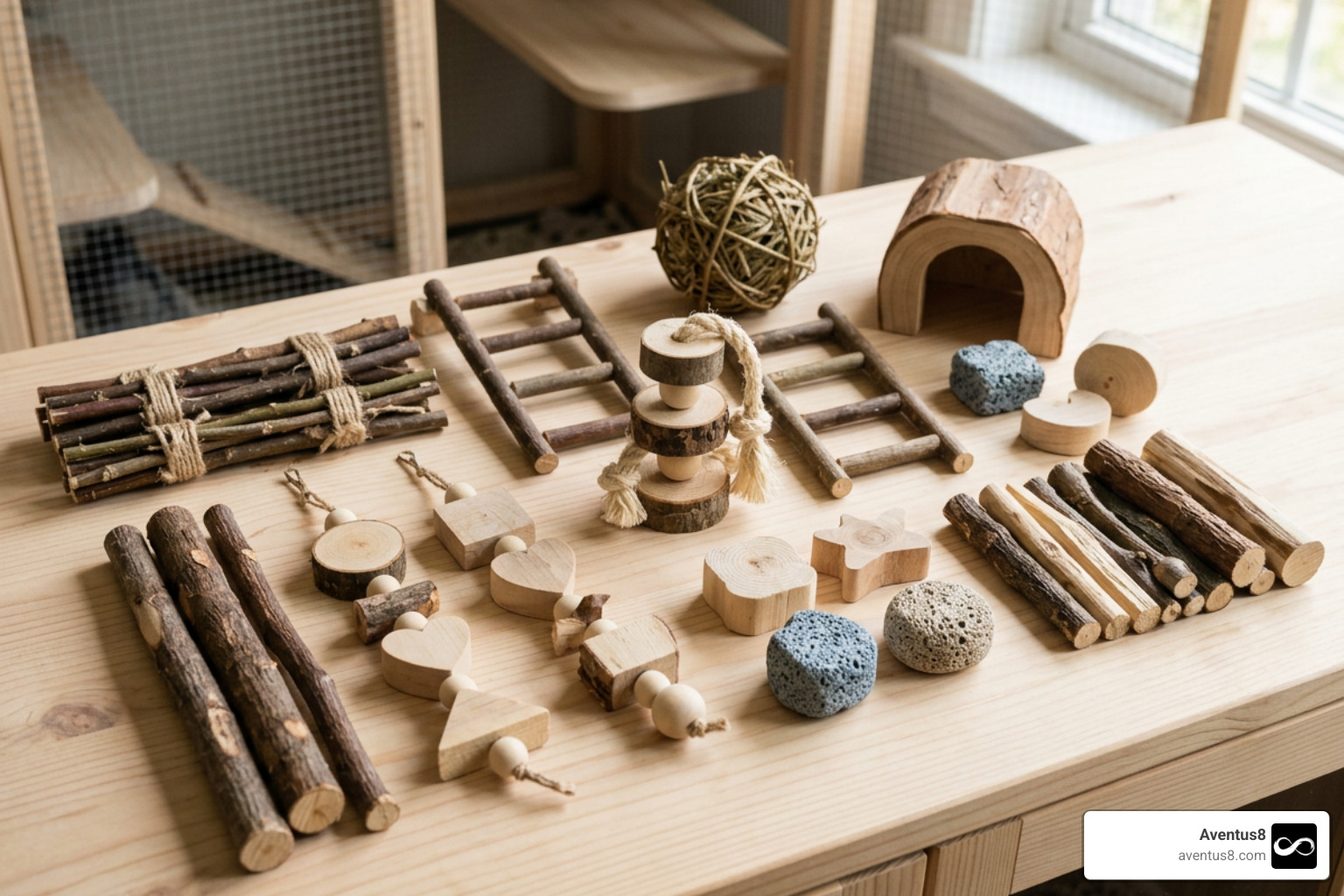 A collection of safe wooden and pumice chinchilla chew toys on a clean surface