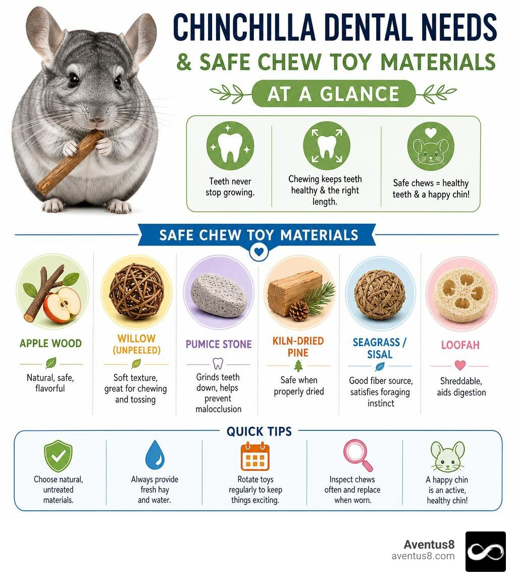 Infographic showing chinchilla dental needs and safe chew toy materials at a glance infographic