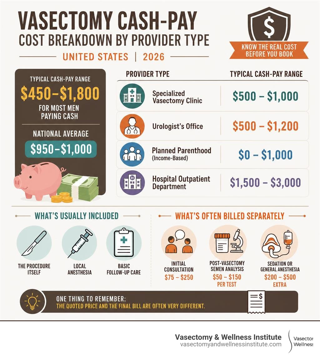 Infographic showing vasectomy cash-pay cost breakdown by provider type and hidden fees in 2026 infographic Infographic showing vasectomy cash-pay cost breakdown by provider type and hidden fees in 2026 infographic