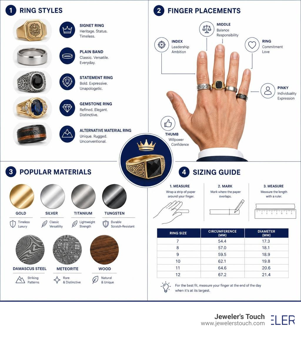 Infographic showing men's ring styles, finger placements, popular materials, and sizing guide infographic Infographic showing men's ring styles, finger placements, popular materials, and sizing guide infographic