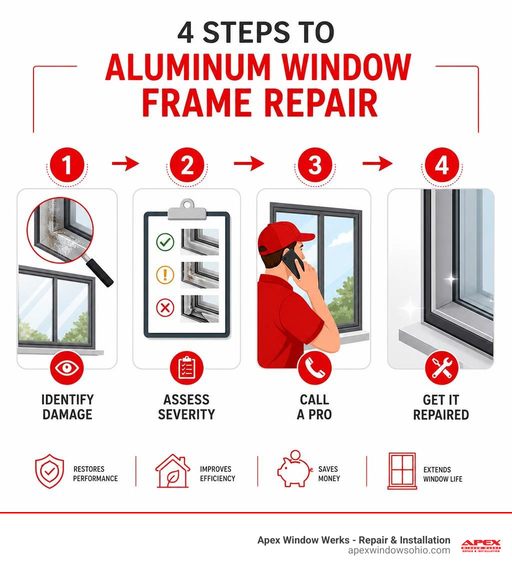 Infographic showing 4 steps to aluminum window frame repair: identify damage, assess severity, call a pro, get it repaired Infographic showing 4 steps to aluminum window frame repair: identify damage, assess severity, call a pro, get it repaired