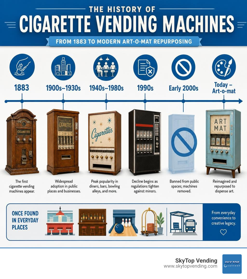 Timeline infographic: history of cigarette vending machines from 1883 to modern Art-o-mat repurposing infographic