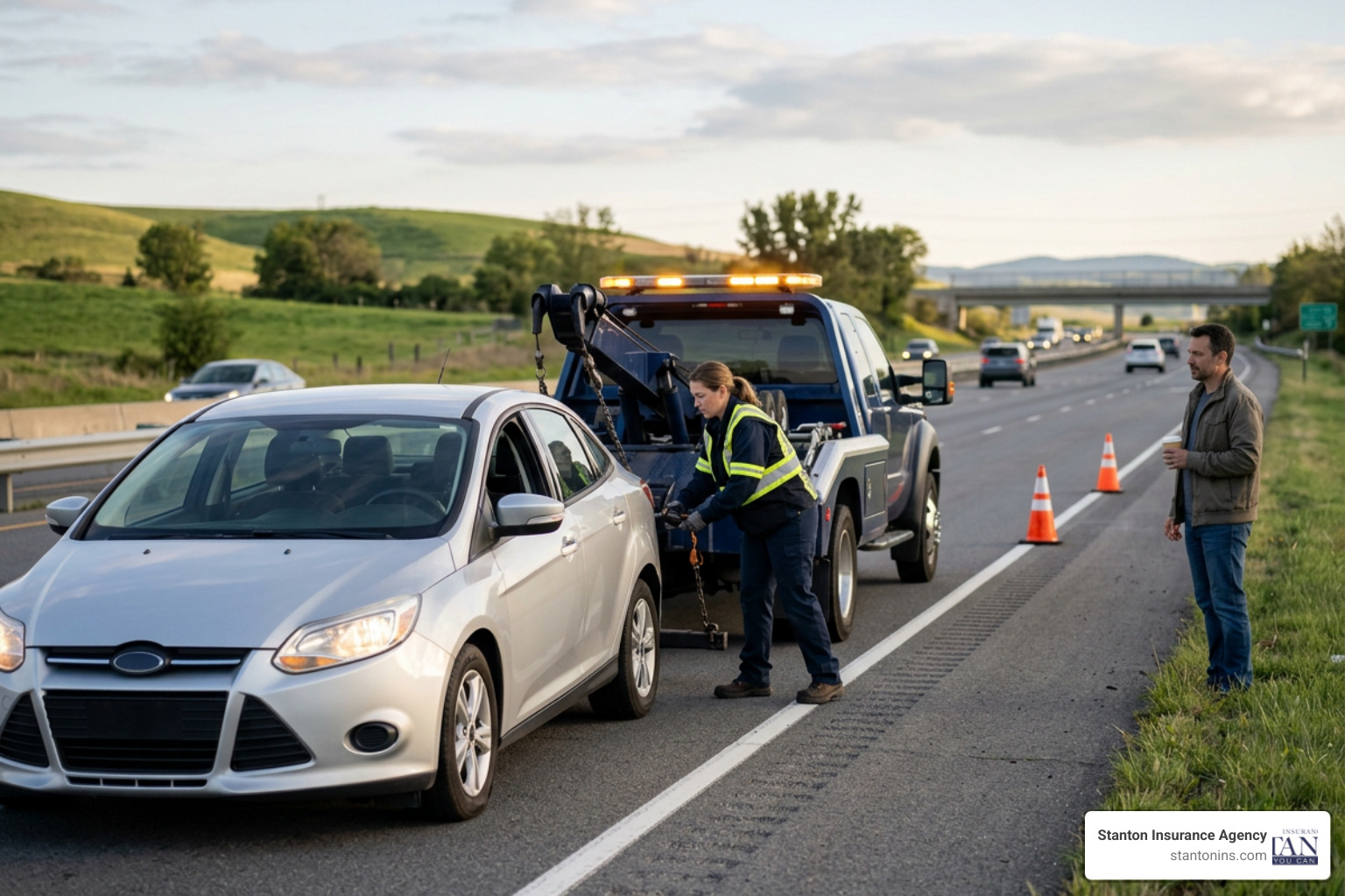A towing truck assisting a stranded vehicle on the side of the road