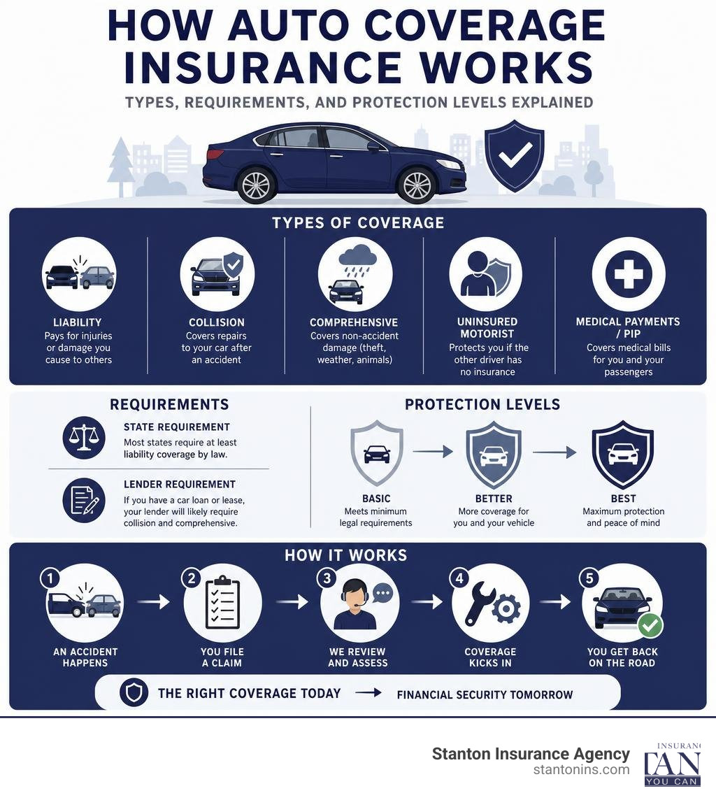 How auto coverage insurance works — types, requirements, and protection levels explained infographic