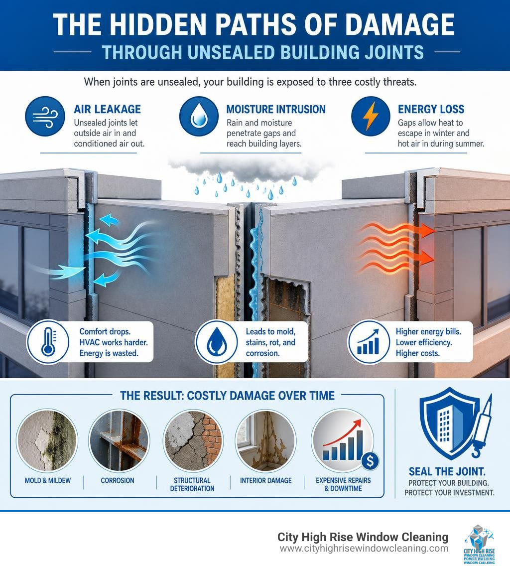 Infographic: how air leakage, moisture intrusion, and energy loss occur through unsealed building joints infographic Infographic: how air leakage, moisture intrusion, and energy loss occur through unsealed building joints infographic