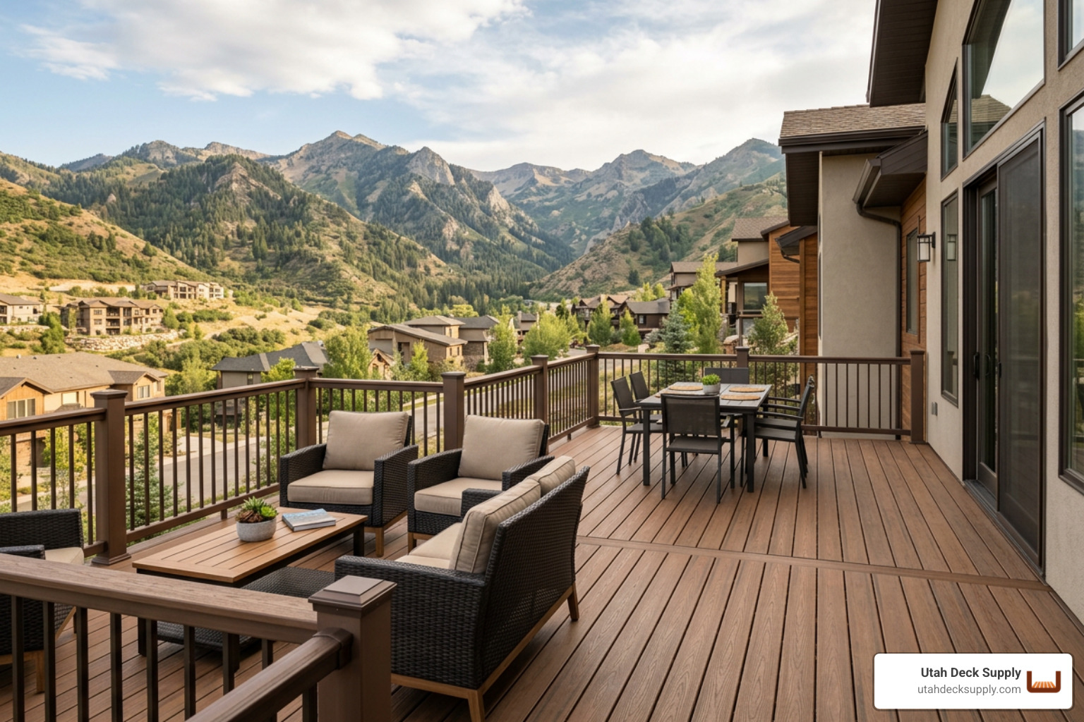 brown trex decking on a Utah residential deck, afternoon light, wide shot brown trex decking on a Utah residential deck, afternoon light, wide shot