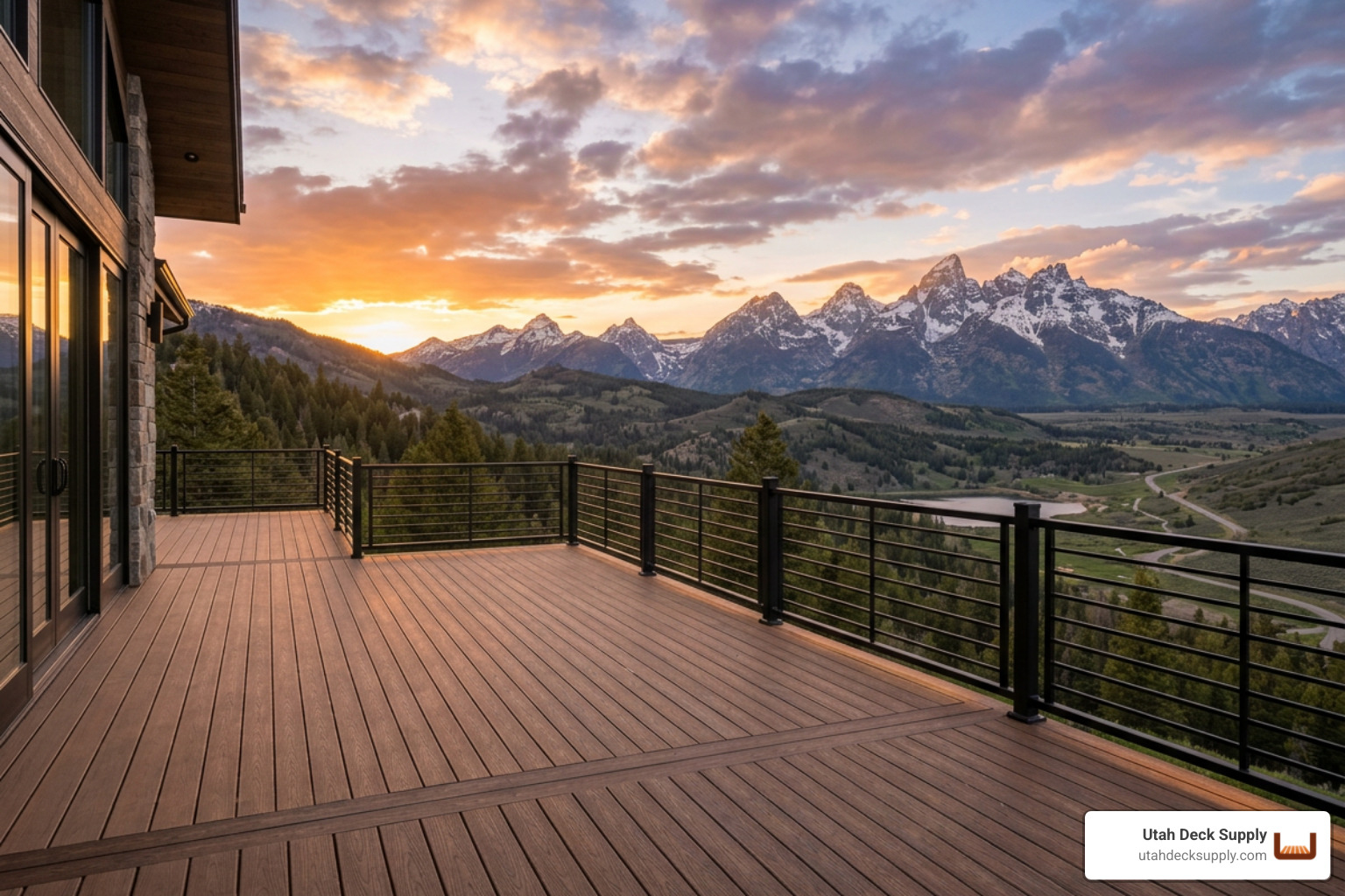 Modern brown Trex deck with matte black railing, sunset lighting, Utah mountain background Modern brown Trex deck with matte black railing, sunset lighting, Utah mountain background