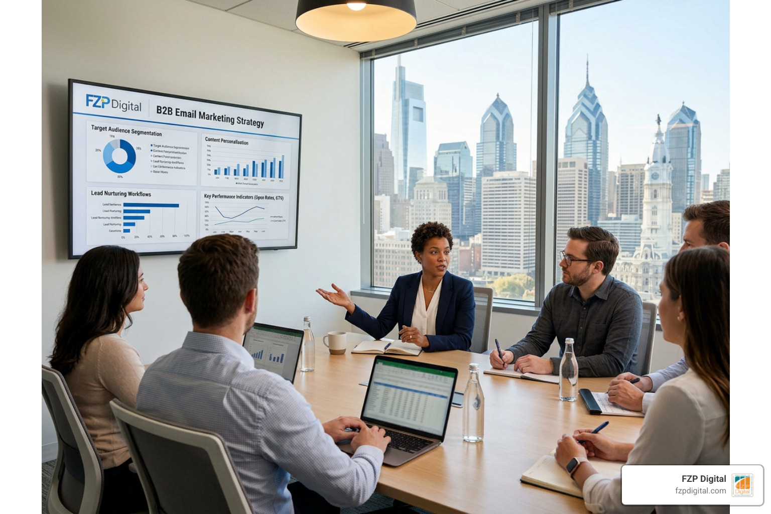 B2B email marketing strategy with FZP Digital logo and Philadelphia skyline B2B email marketing strategy with FZP Digital logo and Philadelphia skyline