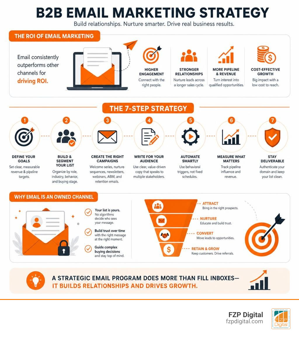 B2B email marketing strategy infographic showing ROI, key steps, and channel benefits infographic B2B email marketing strategy infographic showing ROI, key steps, and channel benefits infographic