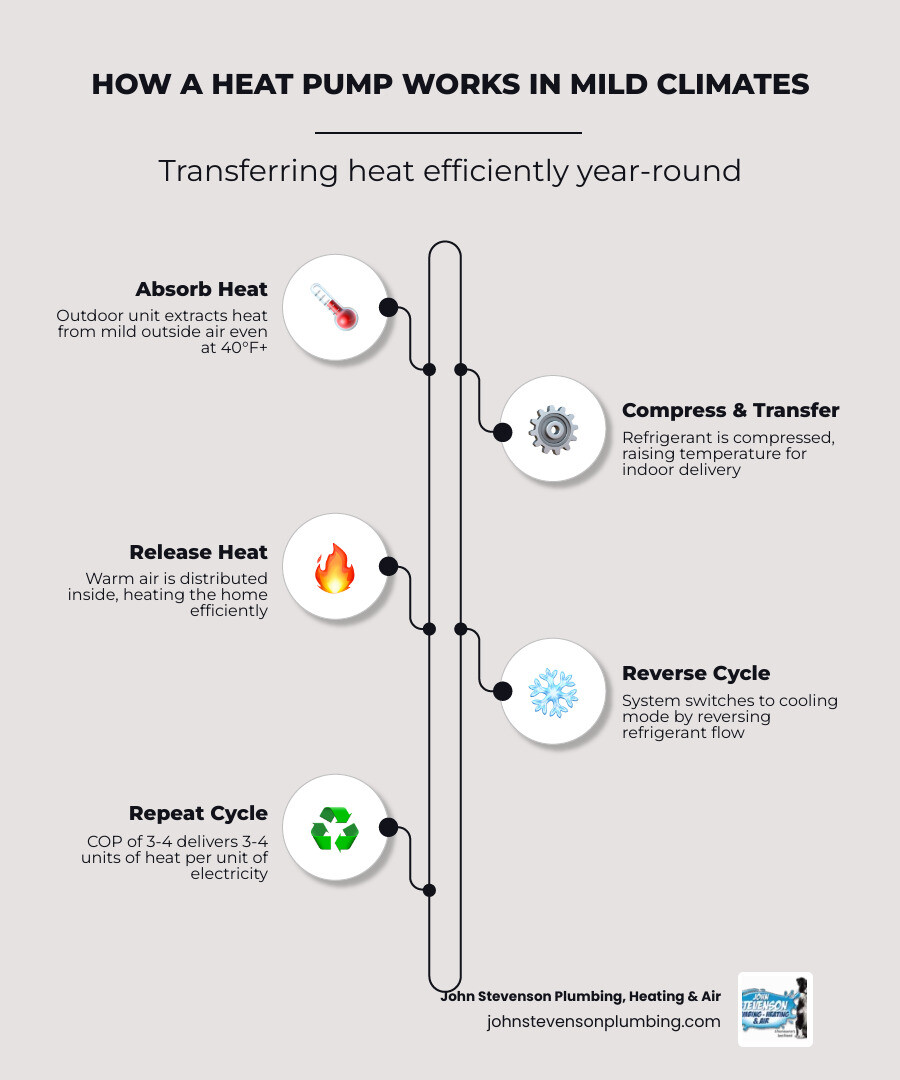 Infographic showing how heat pumps transfer heat between indoors and outdoors for both heating and cooling in mild climates Infographic showing how heat pumps transfer heat between indoors and outdoors for both heating and cooling in mild climates