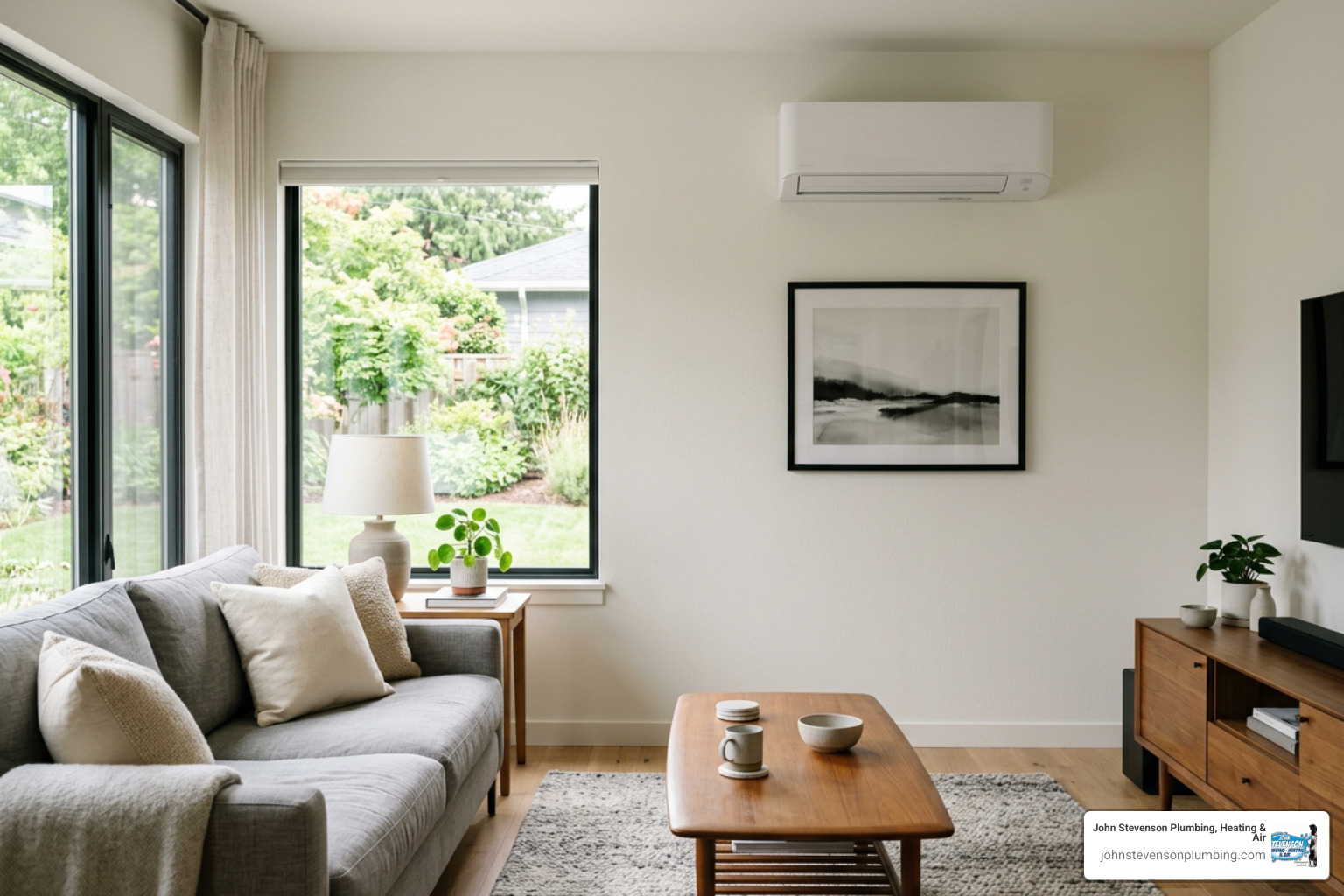 A sleek ductless mini-split indoor unit mounted neatly on a living room wall A sleek ductless mini-split indoor unit mounted neatly on a living room wall