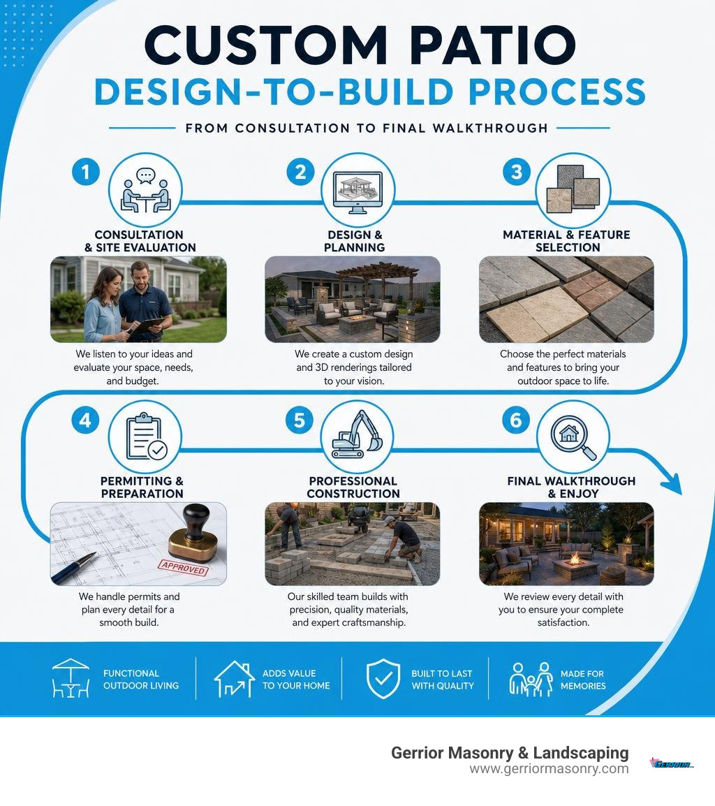Infographic: Custom patio design-to-build process steps from consultation to final walkthrough infographic