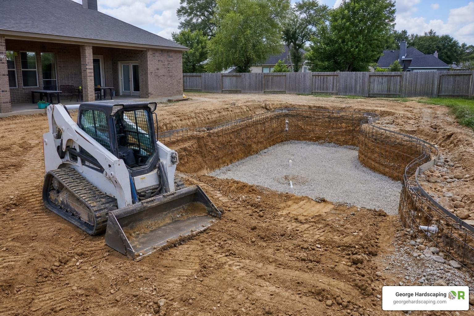 heavy machinery excavating the pool deck area to prepare the subgrade base heavy machinery excavating the pool deck area to prepare the subgrade base