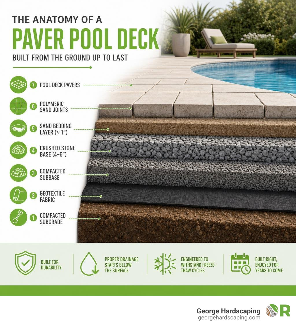 Infographic showing cross-section layers of a paver pool deck from subgrade to surface infographic Infographic showing cross-section layers of a paver pool deck from subgrade to surface infographic
