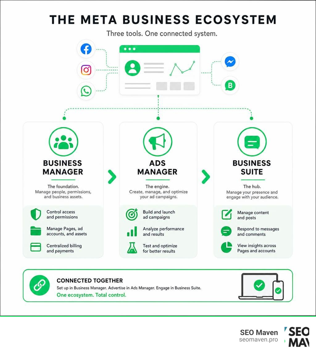 Meta Business ecosystem infographic showing Business Manager, Ads Manager, and Business Suite roles infographic