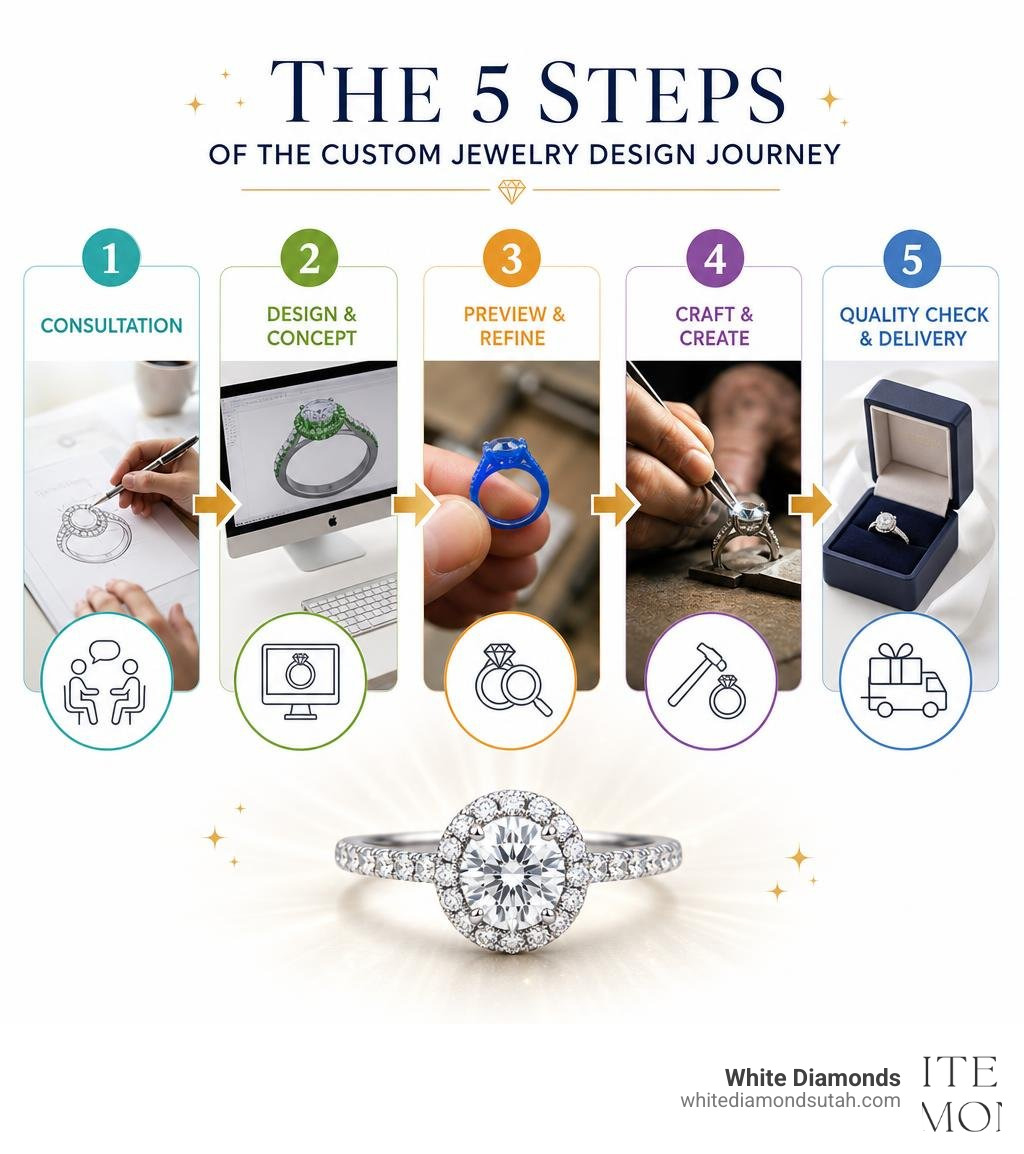 Infographic showing the 5 steps of the custom jewelry design journey from consultation to delivery infographic Infographic showing the 5 steps of the custom jewelry design journey from consultation to delivery infographic