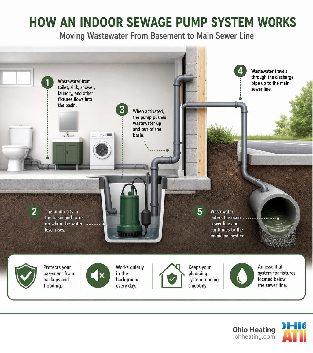Diagram showing how an indoor sewage pump system moves wastewater from basement to main sewer line infographic Diagram showing how an indoor sewage pump system moves wastewater from basement to main sewer line infographic