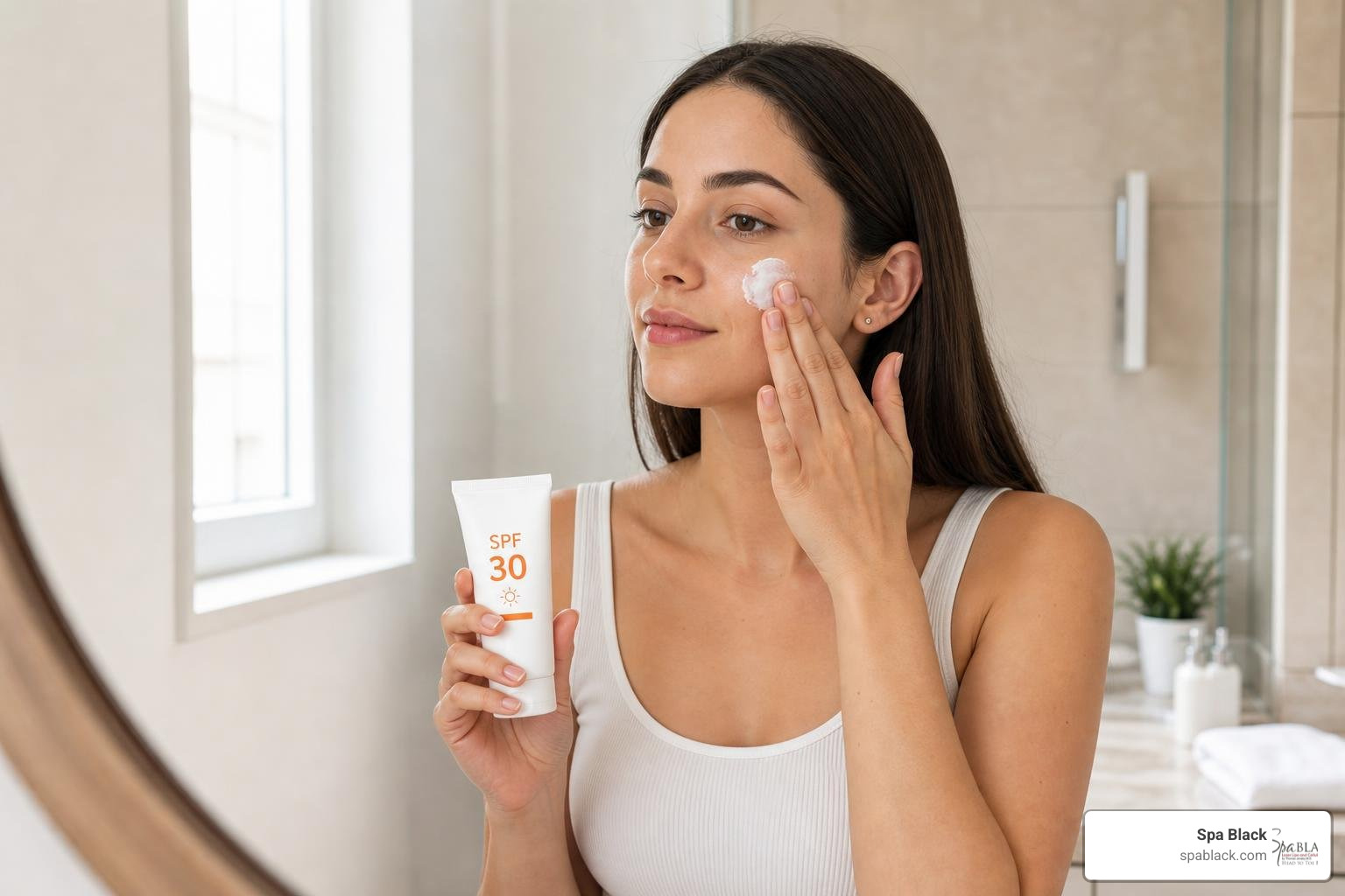 A woman applying SPF 30 sunscreen to her face for post-laser protection