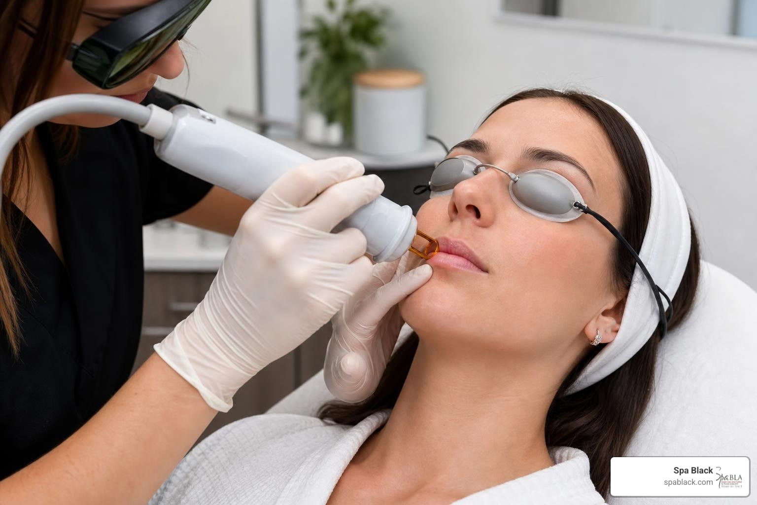 A professional aesthetician performing a laser treatment on a client's upper lip