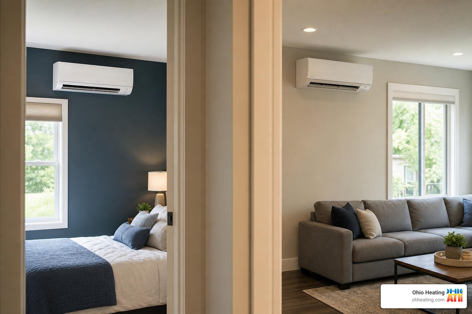 Multi-zone ductless mini-split installation showing two indoor air handlers in different rooms