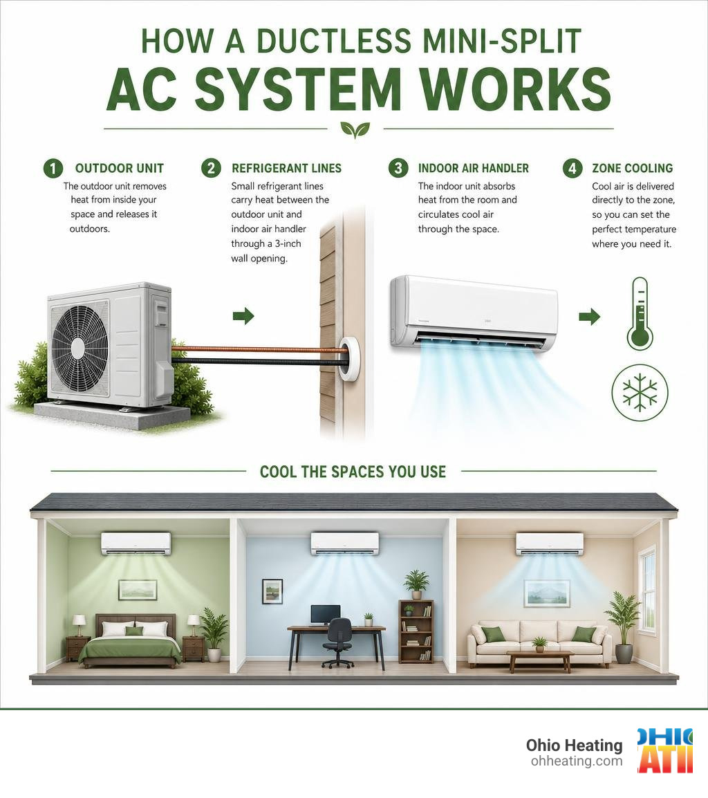 Infographic showing how a ductless mini-split AC system works: outdoor unit, refrigerant lines, indoor air handler, and zone