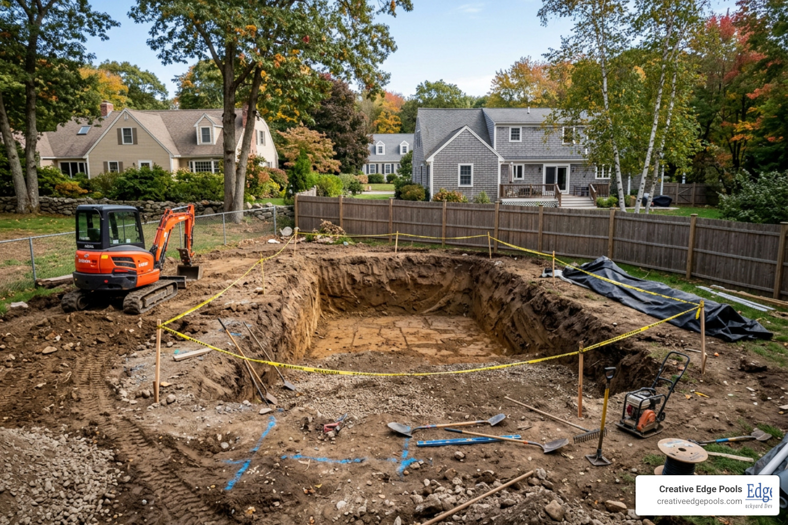 A newly excavated backyard pool site in New England ready for fiberglass shell installation