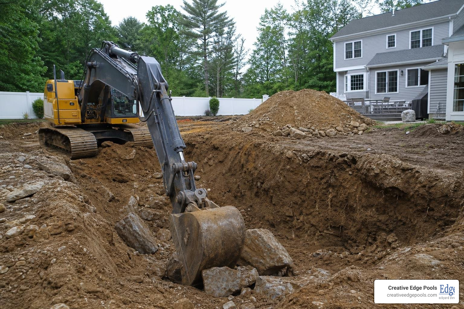 A heavy excavator clearing tough New England soil for a backyard pool installation