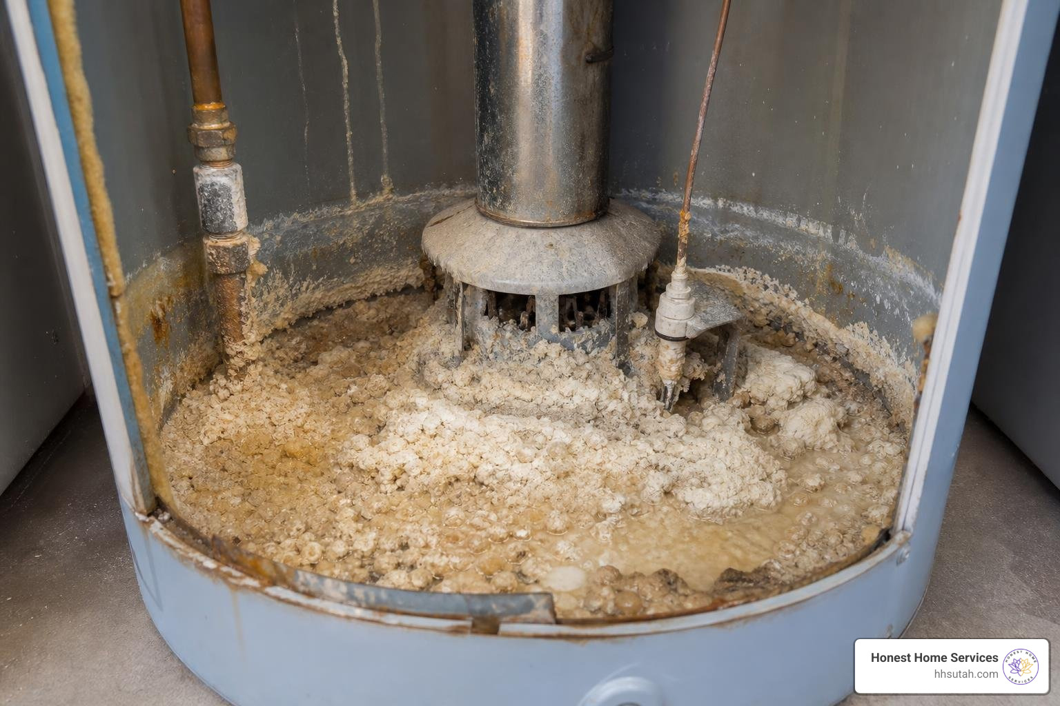 Sediment buildup inside a gas water heater tank Sediment buildup inside a gas water heater tank
