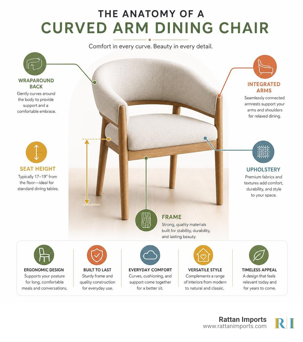 Infographic showing anatomy of a curved arm dining chair: wraparound back, integrated arms, seat height, frame, and legs Infographic showing anatomy of a curved arm dining chair: wraparound back, integrated arms, seat height, frame, and legs