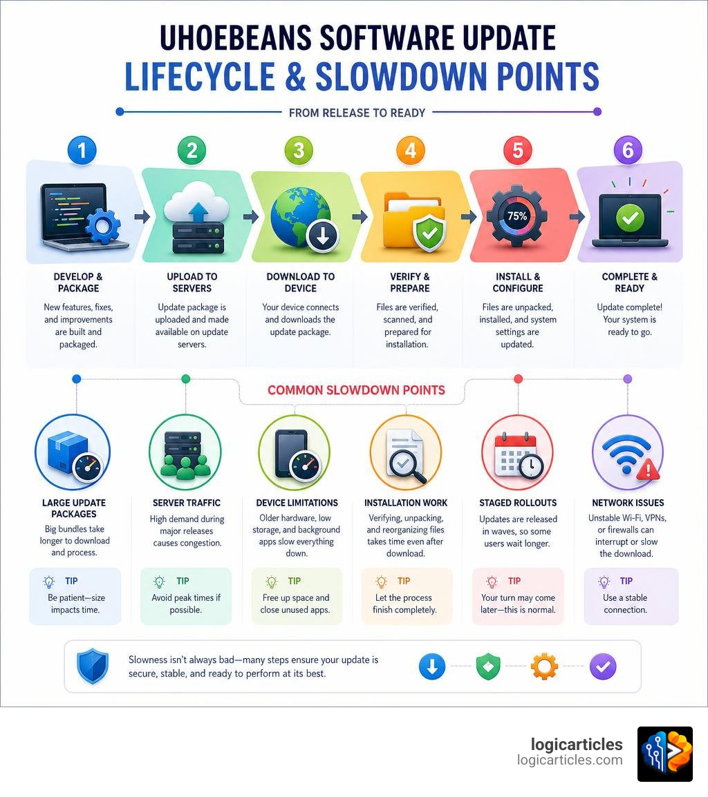 Infographic showing stages of a Uhoebeans software update lifecycle and common slowdown points infographic Infographic showing stages of a Uhoebeans software update lifecycle and common slowdown points infographic