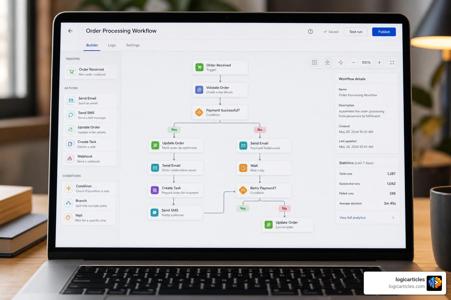 Automated workflow builder interface showing conditional logic