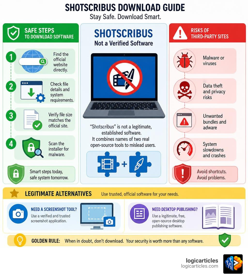 Infographic showing safe steps to download software, risks of third-party sites, and legitimate alternatives to Shotscribus Infographic showing safe steps to download software, risks of third-party sites, and legitimate alternatives to Shotscribus