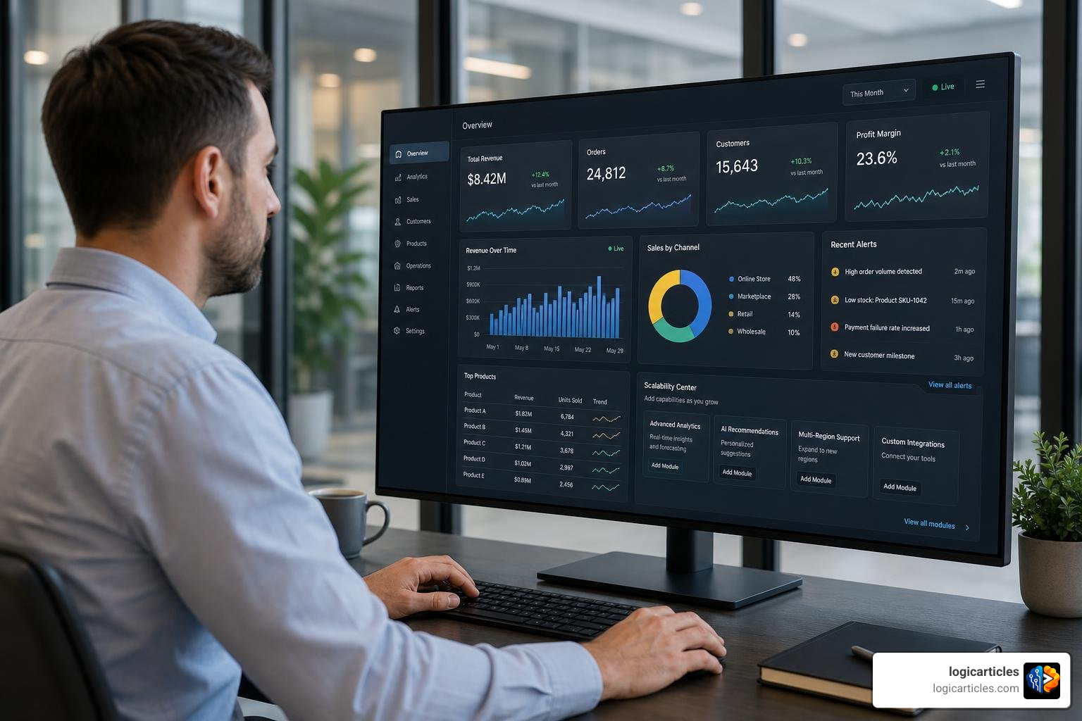 Unified business dashboard displaying analytics and modular scalability