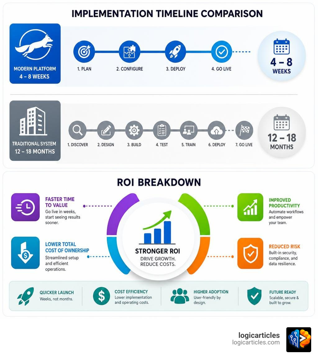 Implementation timeline comparison and ROI breakdown infographic