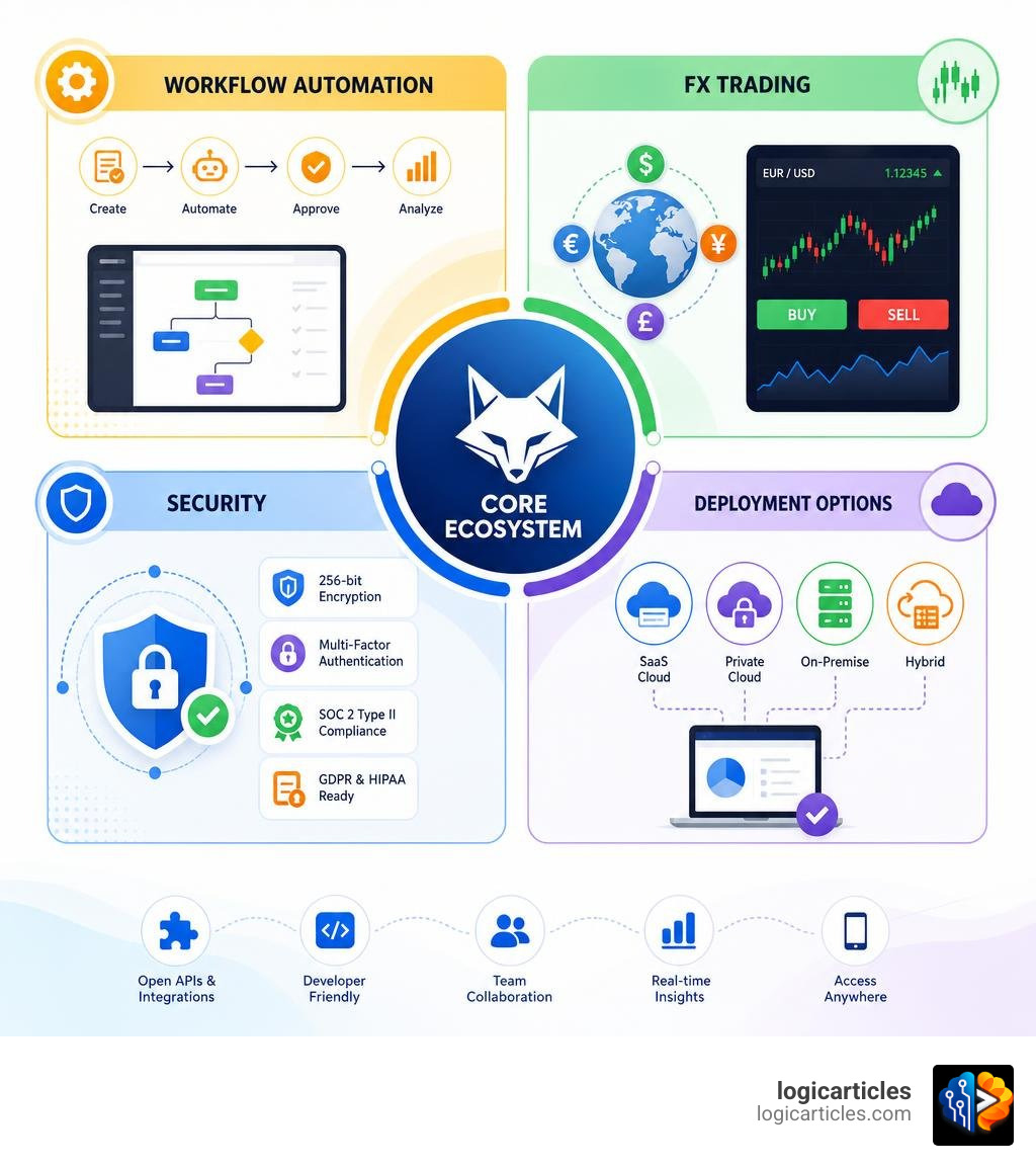 Foxtpax core ecosystem infographic showing workflow automation, FX trading, security, and deployment options infographic