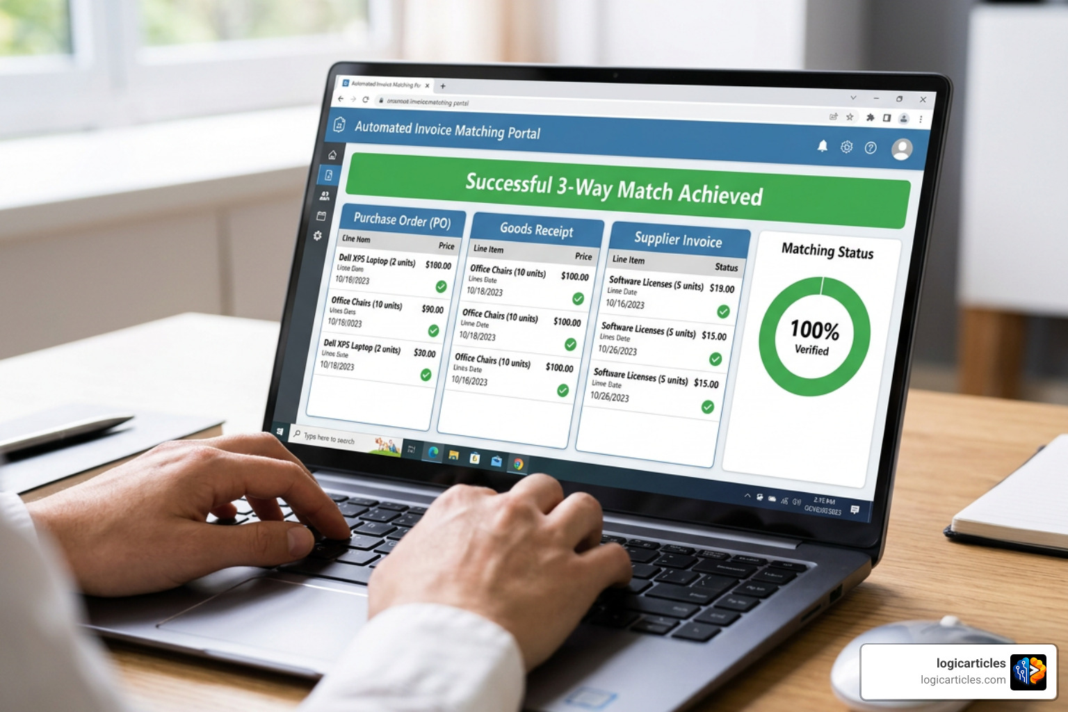 automated invoice matching system dashboard showing 3-way match success automated invoice matching system dashboard showing 3-way match success